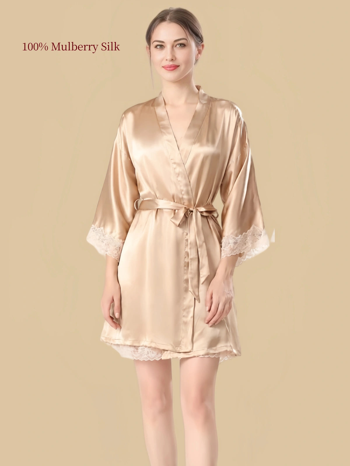 Champagne Gold silk wrap robe with a coordinating waist belt, flowing silhouette and ivory floral lace sleeve cuffs.
