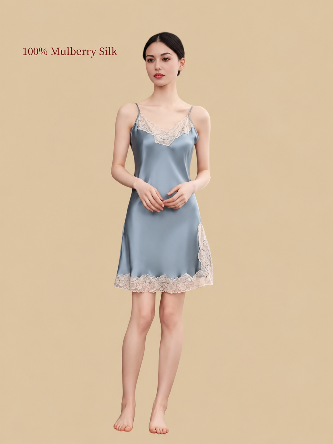 Clear Sky Blue silk slip nightdress with delicate ivory lace V-neckline, thin shoulder straps and lace-trimmed side slit.