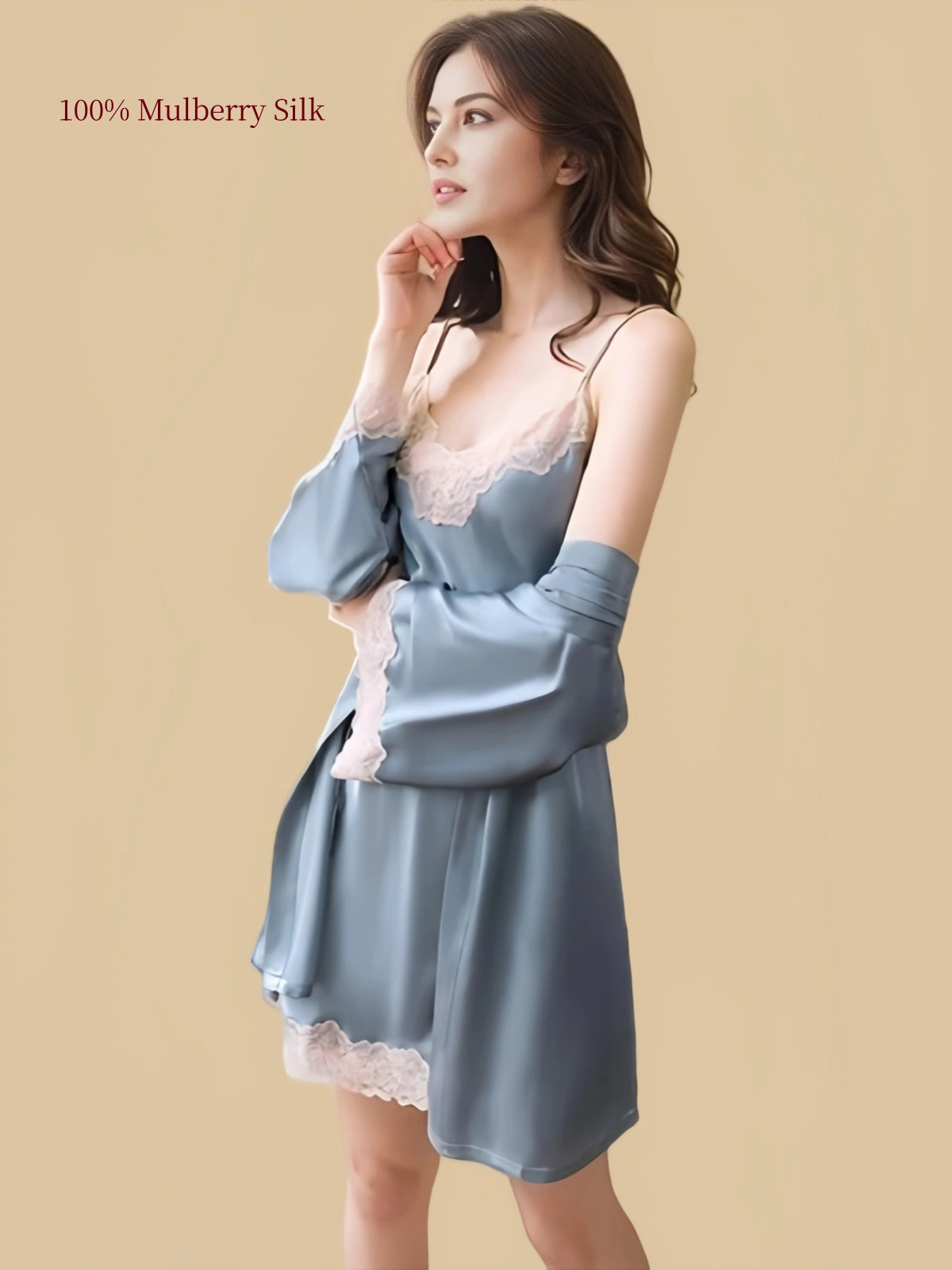 Silkgala 16 Momme Clear Sky Blue silk slip dress and matching robe with ivory floral lace neckline, sleeves and hem.