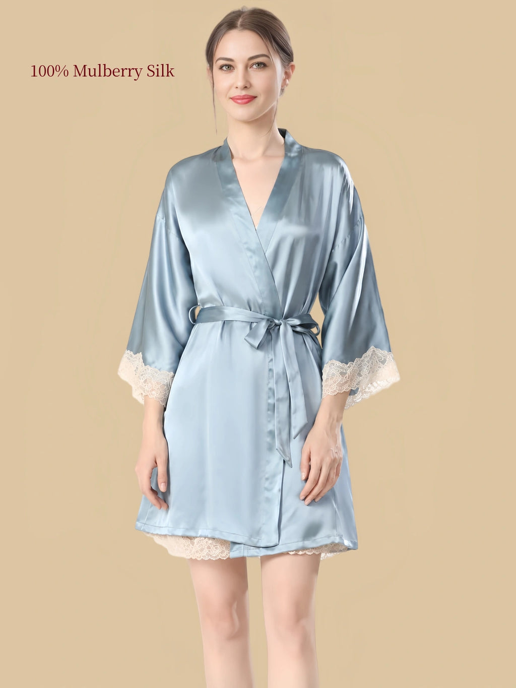 Clear Sky Blue mulberry silk wrap robe with a matching waist belt, V-neckline and ivory lace-trimmed three-quarter sleeves.