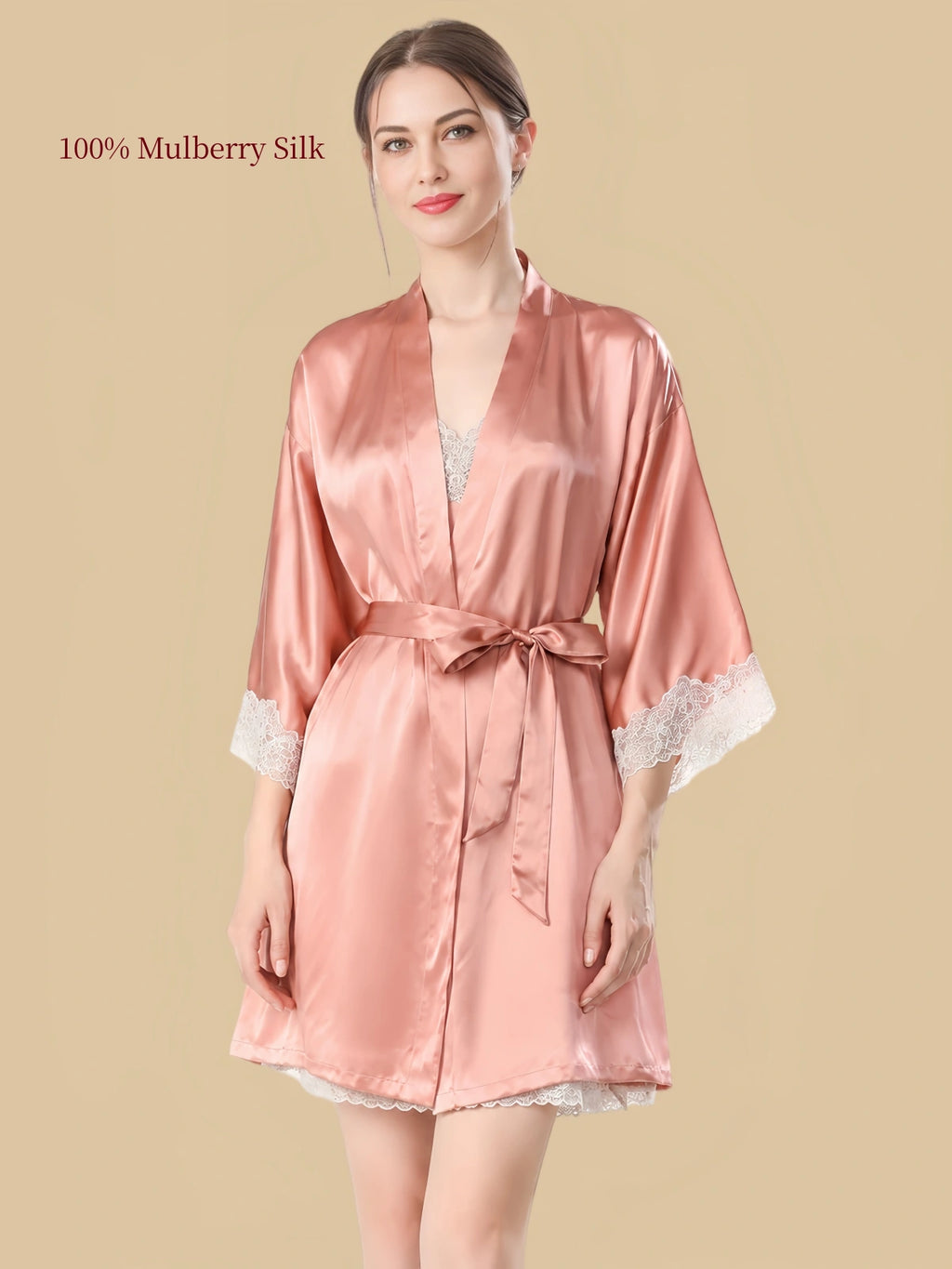 Dusty Pink silk wrap robe featuring ivory floral lace cuffs, matching waist tie and smooth flowing silk fabric.