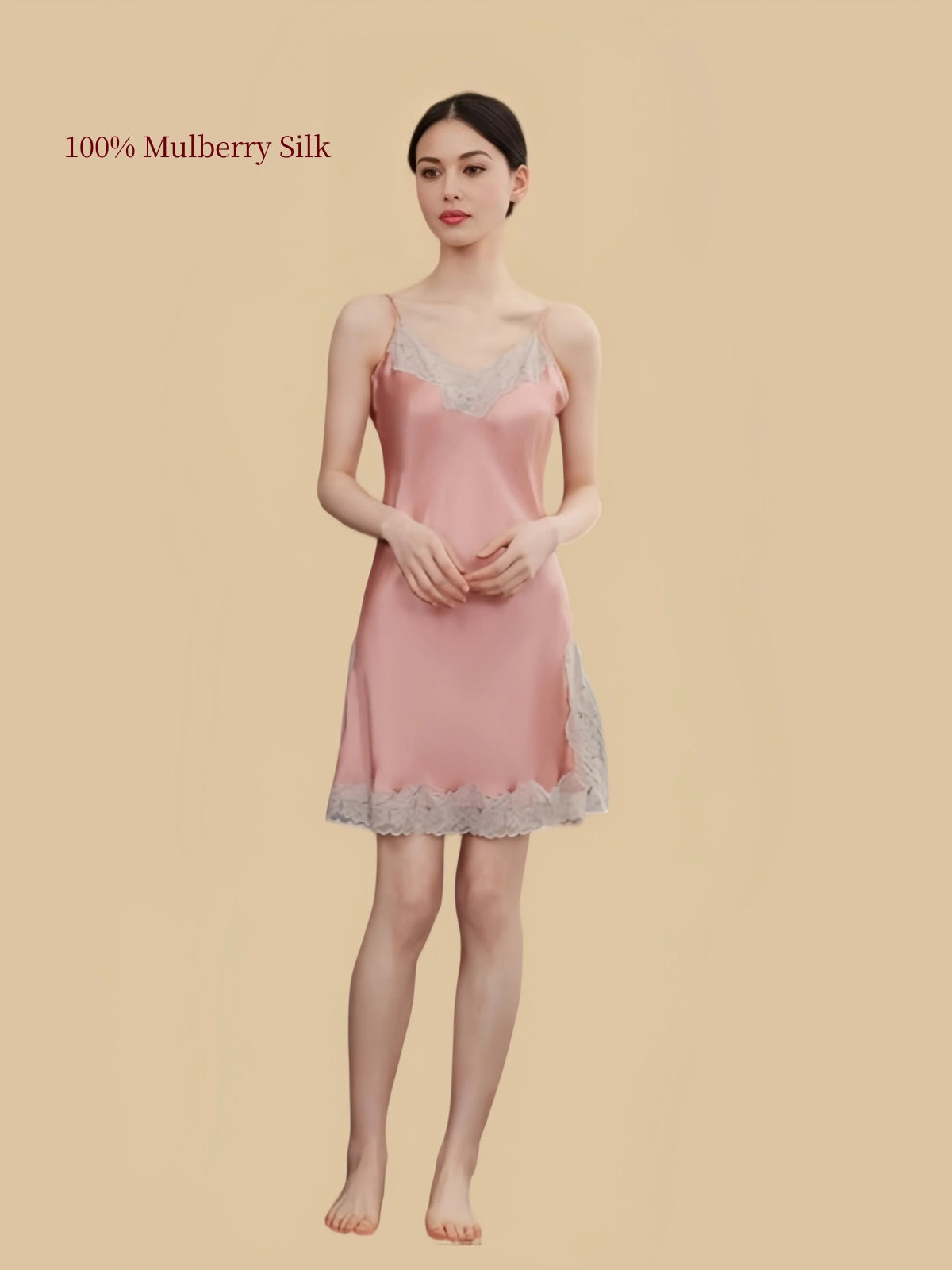 Dusty Pink silk slip dress with V-shaped ivory lace neckline, slender straps and delicate lace-trimmed hem.