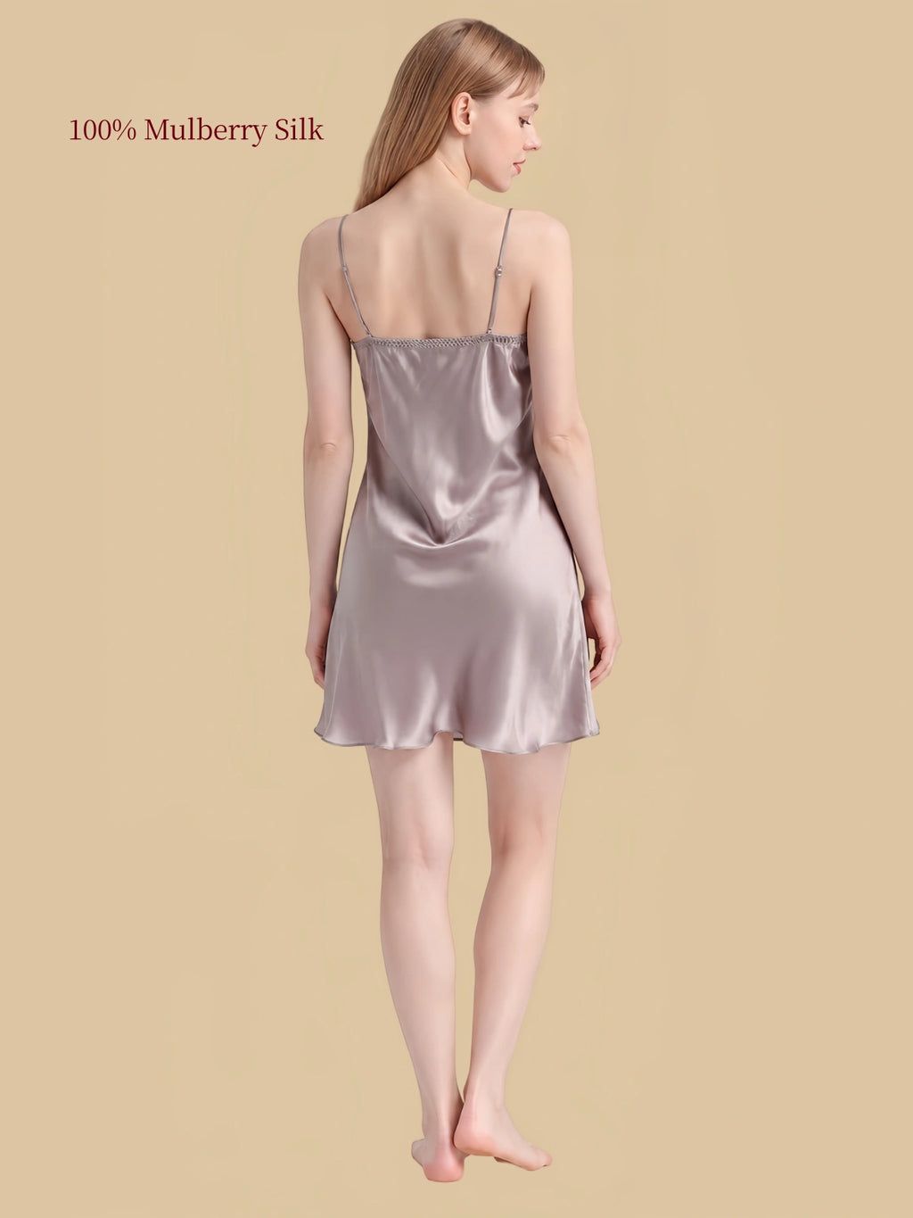 Back view of Gray silk nightdress showing straight back neckline, adjustable shoulder straps and gently flared hem.