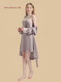Gray 16 Momme mulberry silk cami nightdress and matching robe with floral lace neckline and lace-trimmed sleeve cuffs