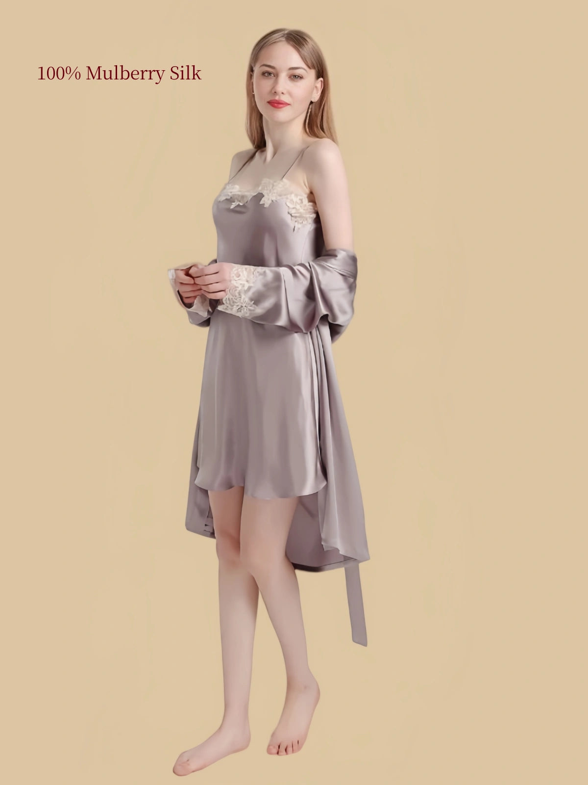 Gray 16 Momme mulberry silk cami nightdress and matching robe with floral lace neckline and lace-trimmed sleeve cuffs