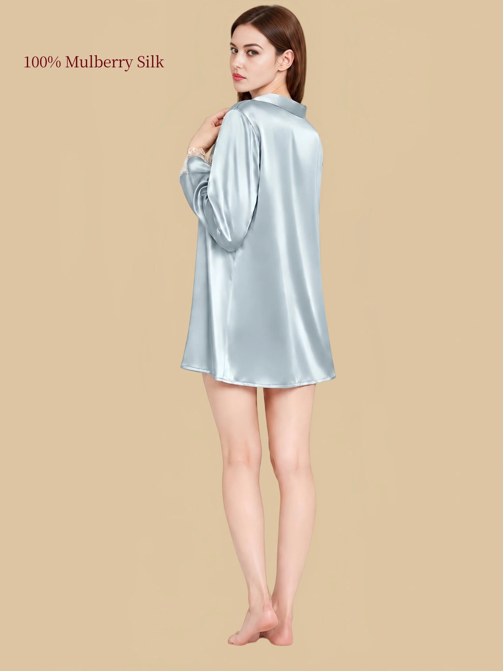 Silkgala 16 momme Grey-blue mulberry silk sleepshirt back view with relaxed long-sleeve silhouette
