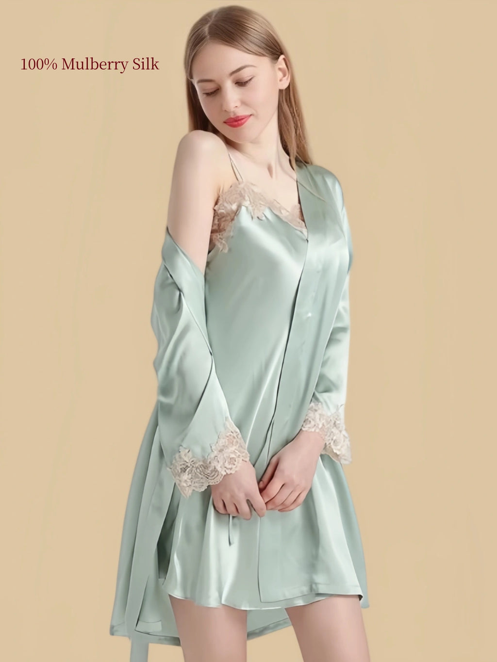 Jade Green silk nightdress and matching robe set with ivory floral lace along the neckline and sleeve cuffs.