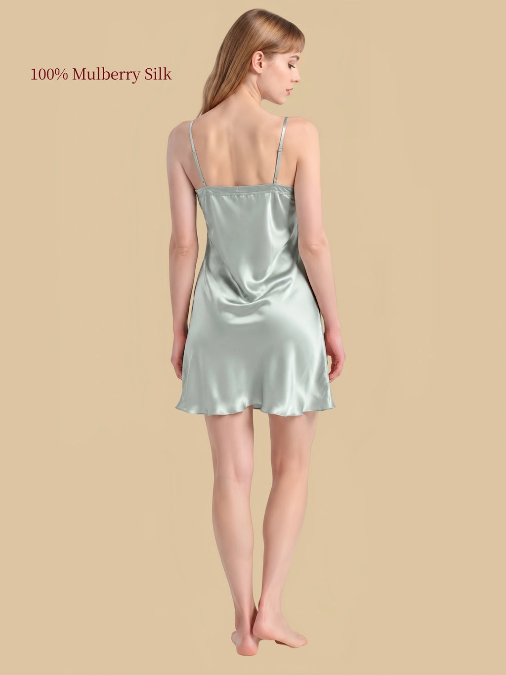Rear view of Jade Green mulberry silk nightdress with straight back, adjustable thin shoulder straps and flared hem.
