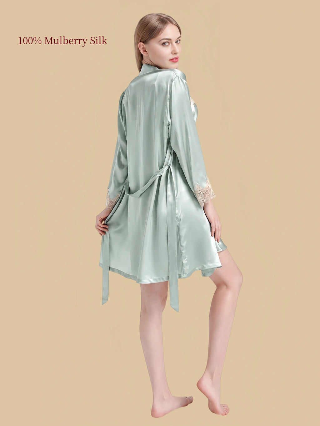 Back view of Jade Green silk dressing gown showing smooth drape, matching waist tie and lace-trimmed long sleeves.