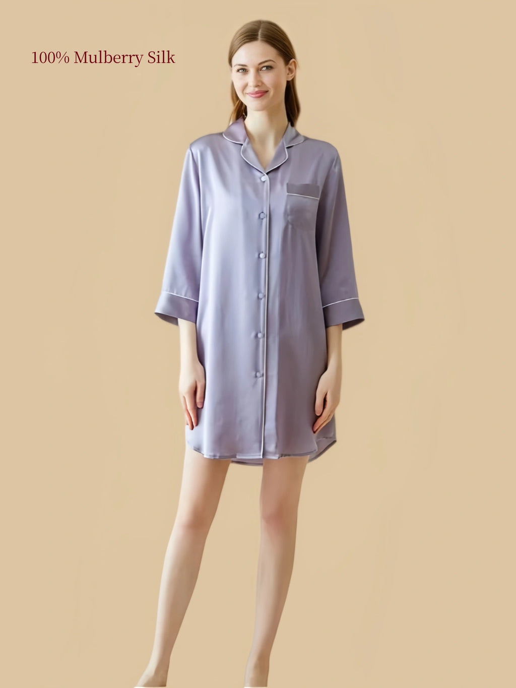 Silkgala 16mm Misty Lavender Grey silk nightshirt front view