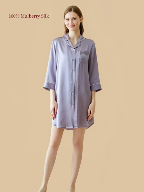 Silkgala 16mm Misty Lavender Grey silk nightshirt front view