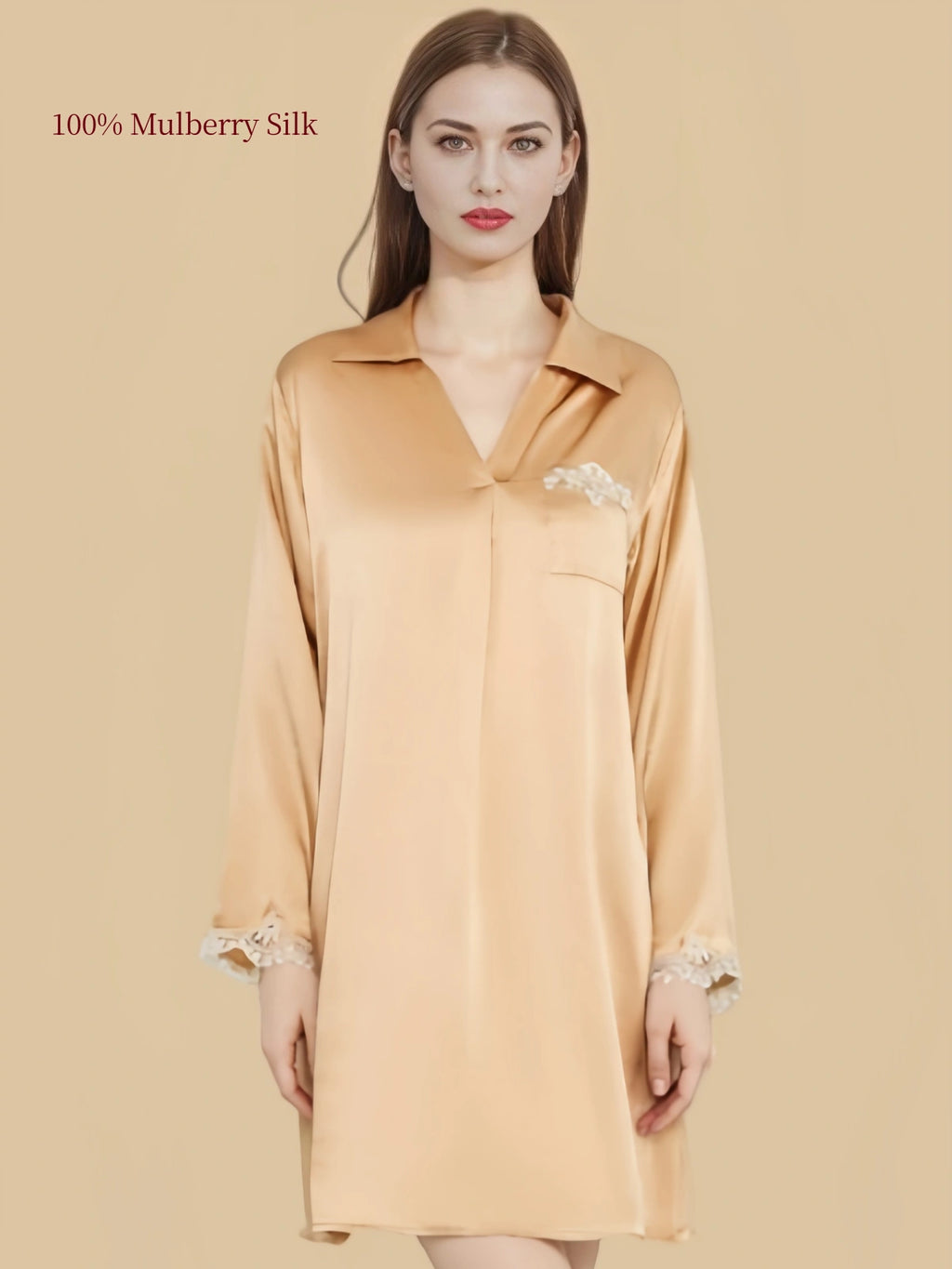 Silkgala 16 momme Pale Gold mulberry silk sleepshirt front view with shirt collar and lace cuffs