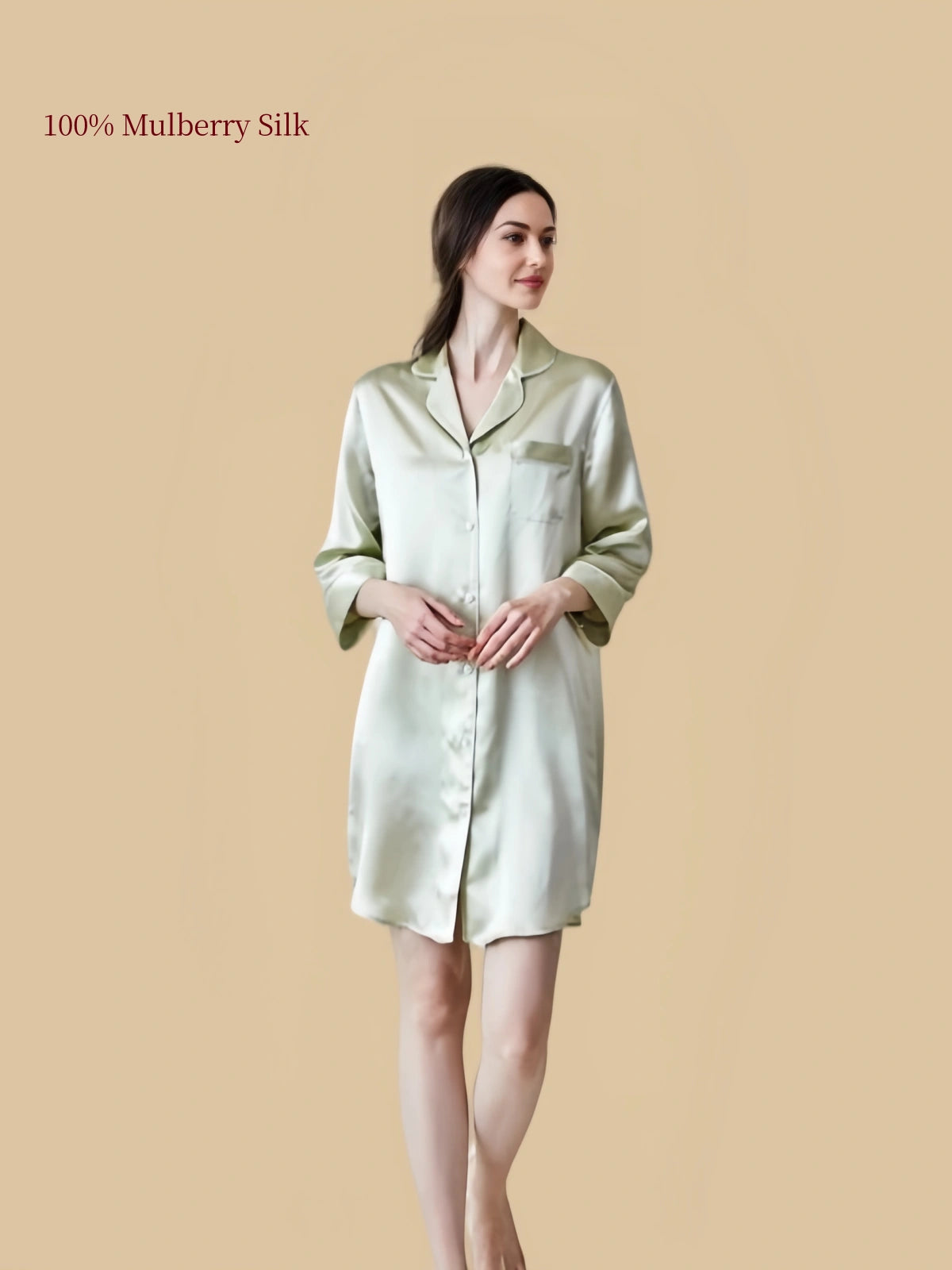 Silkgala 16mm Pale Sage Green silk nightshirt front view