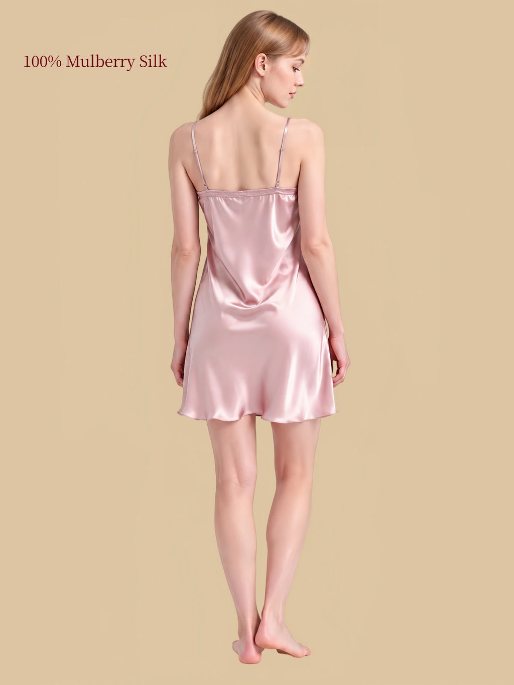Back view of Pink mulberry silk nightdress with straight-back construction and gently flared short skirt.
