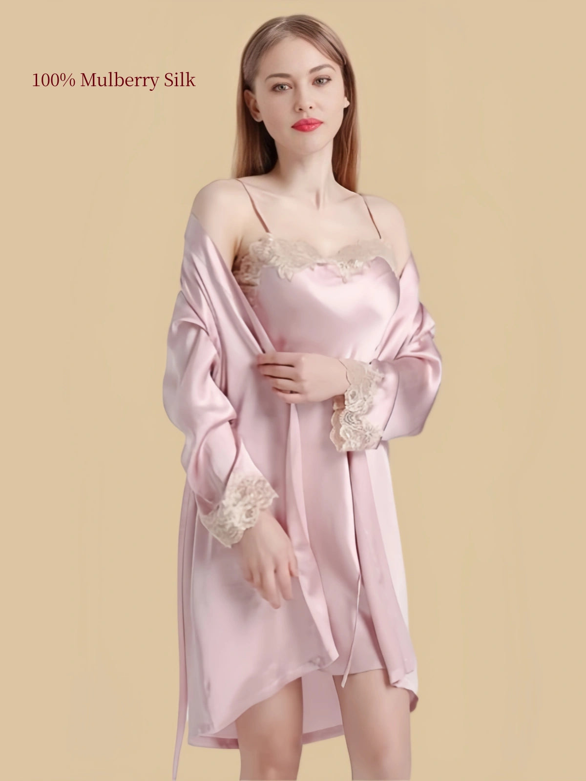 Pink mulberry silk cami dress and matching dressing gown with floral lace neckline and long sleeves finished with lace cuffs.