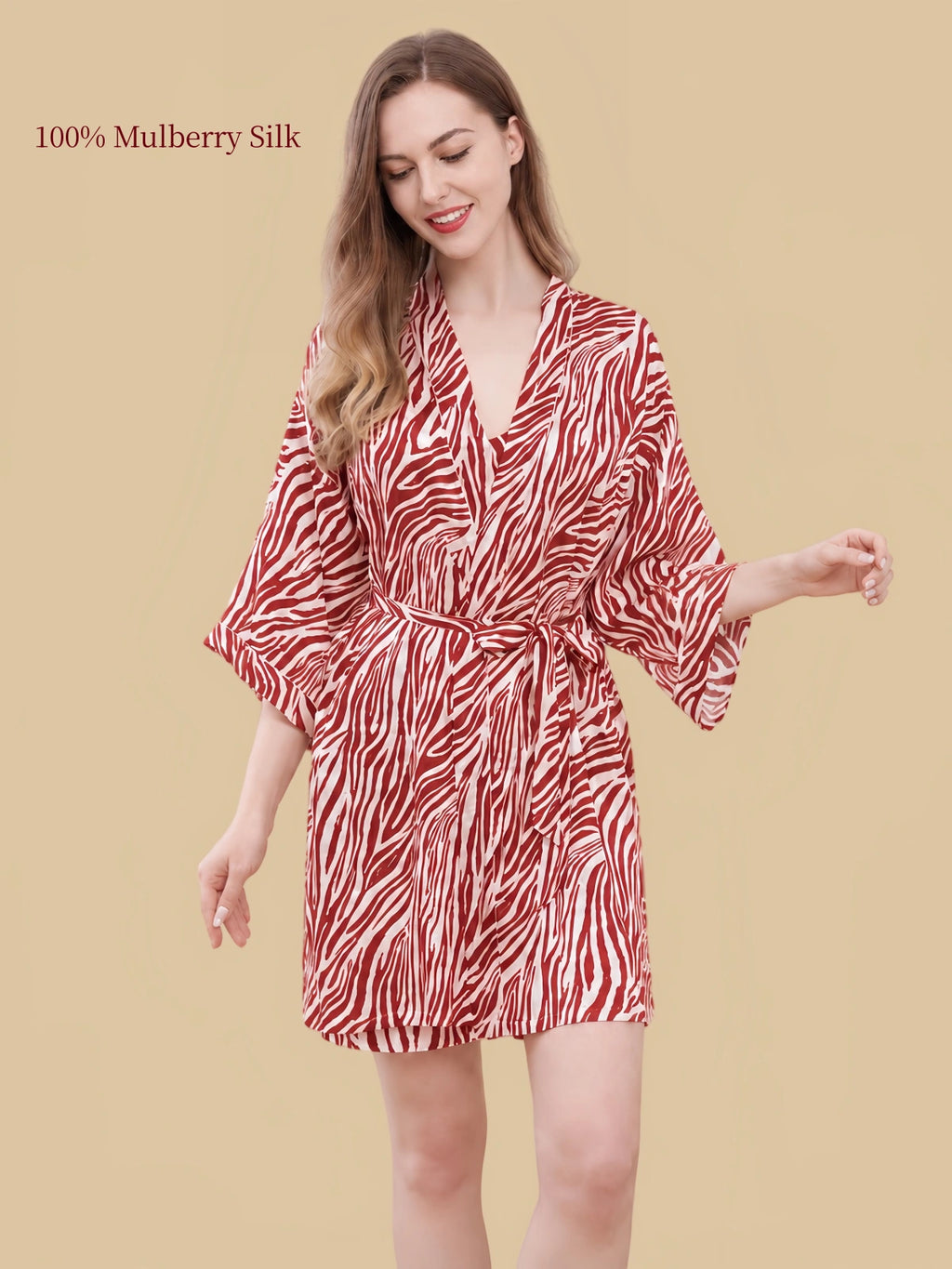 Silkgala red-and-white zebra print mulberry silk wrap robe with wide sleeves, V-neck front and matching waist tie.