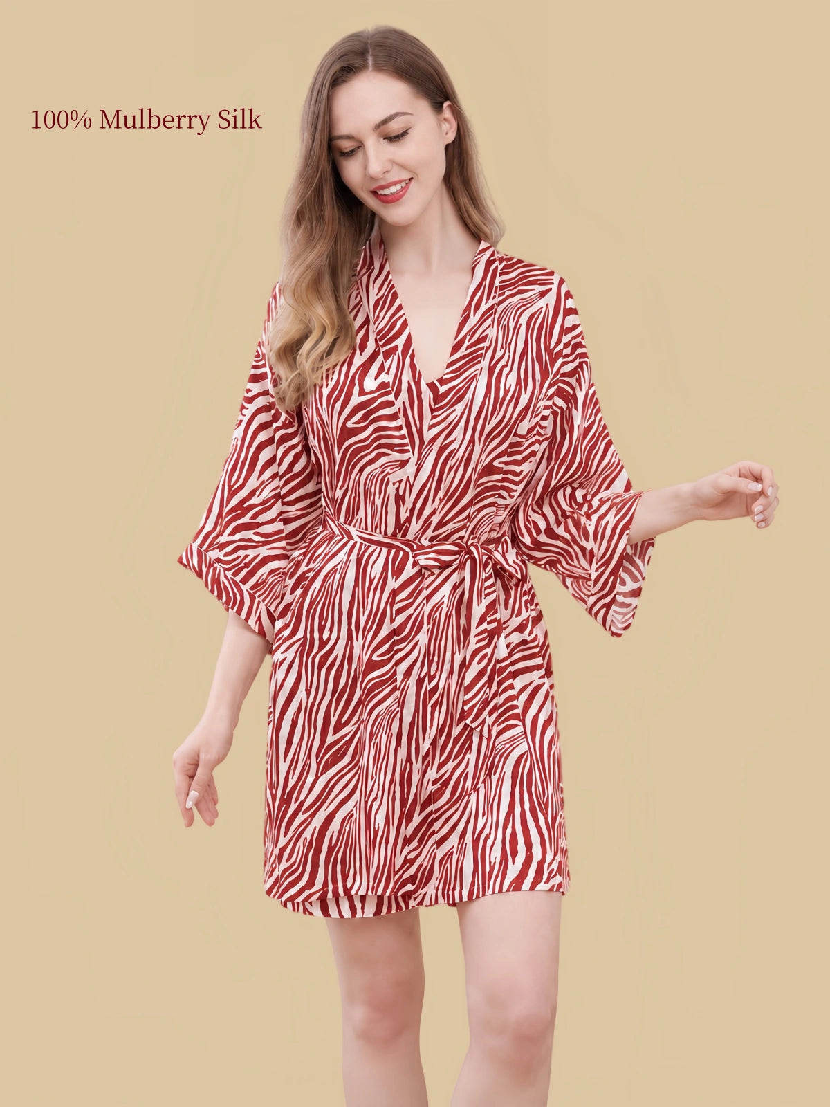 Silkgala red-and-white zebra print mulberry silk wrap robe with wide sleeves, V-neck front and matching waist tie.
