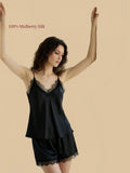 Agate Black 19 Momme silk cami and shorts set front view with an eyelash lace V-neck