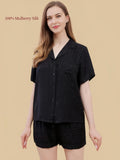 SILKGALA 19 Momme checkered silk shirt and shorts set in Black Check with a notched lapel and chest pocket