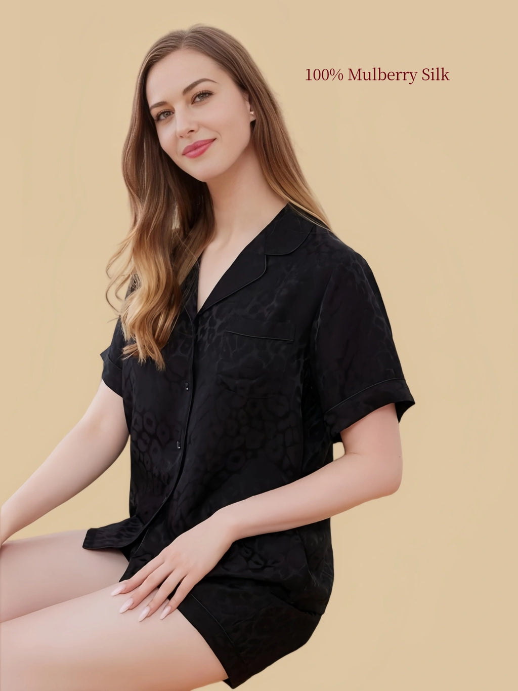 Angled view of the Black Check silk shirt and shorts set with a coordinated check design