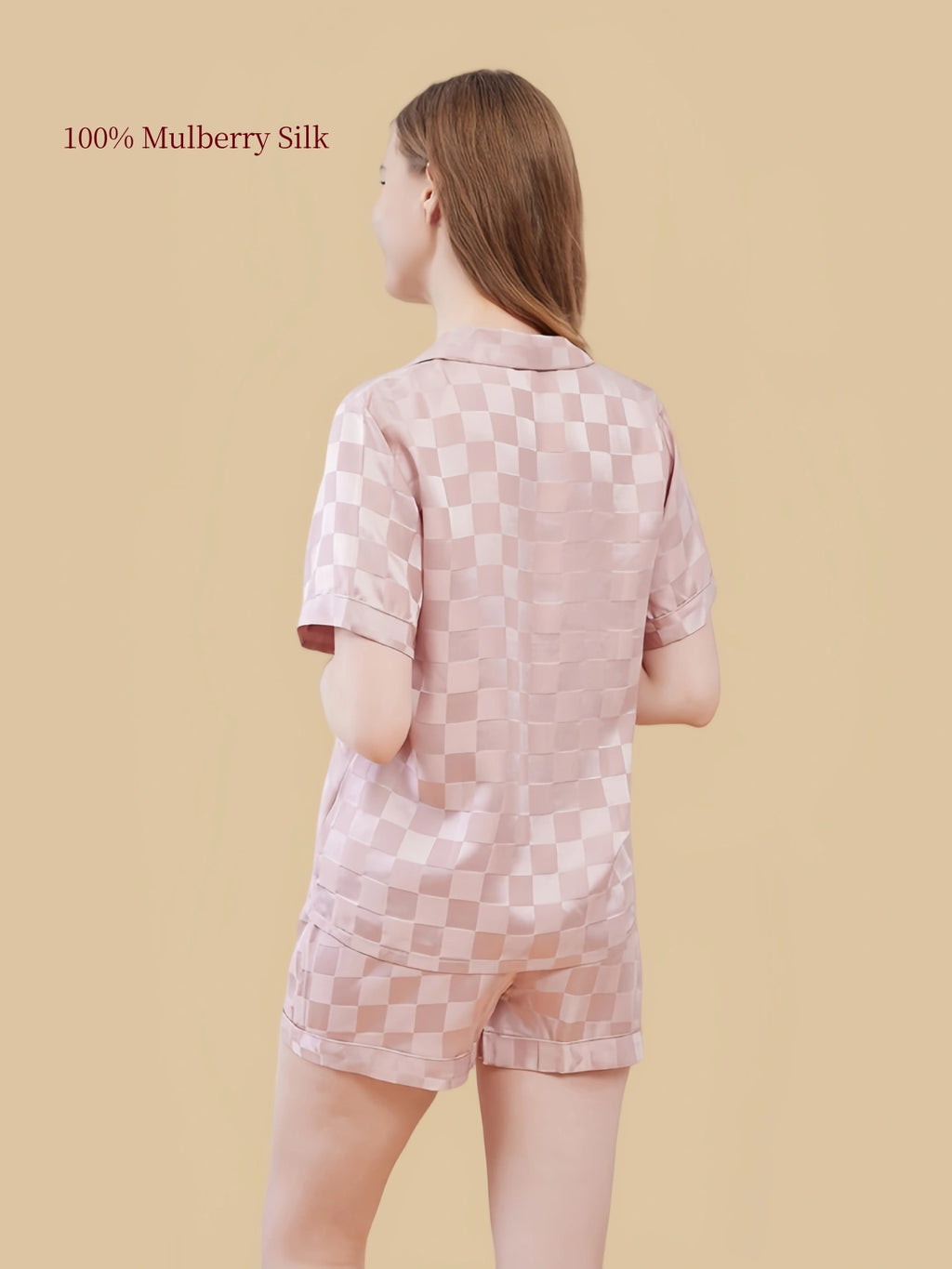 Back view of the Dusty Pink Check 19 Momme mulberry silk shirt and shorts set
