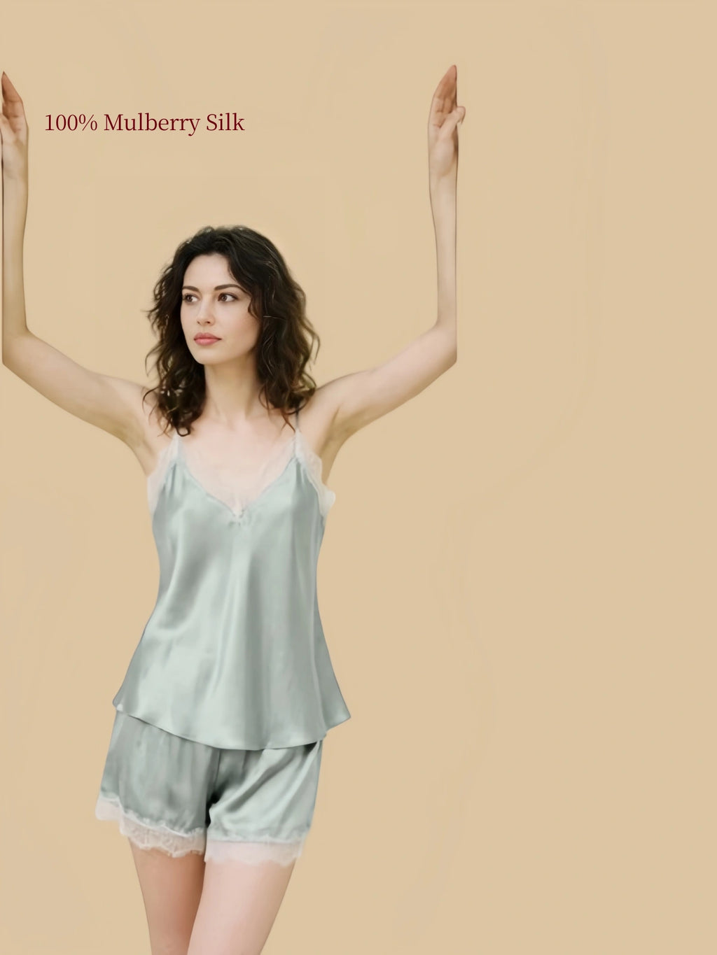 Freesia Grey 19 Momme silk cami and shorts set with an eyelash lace neckline and relaxed silhouette