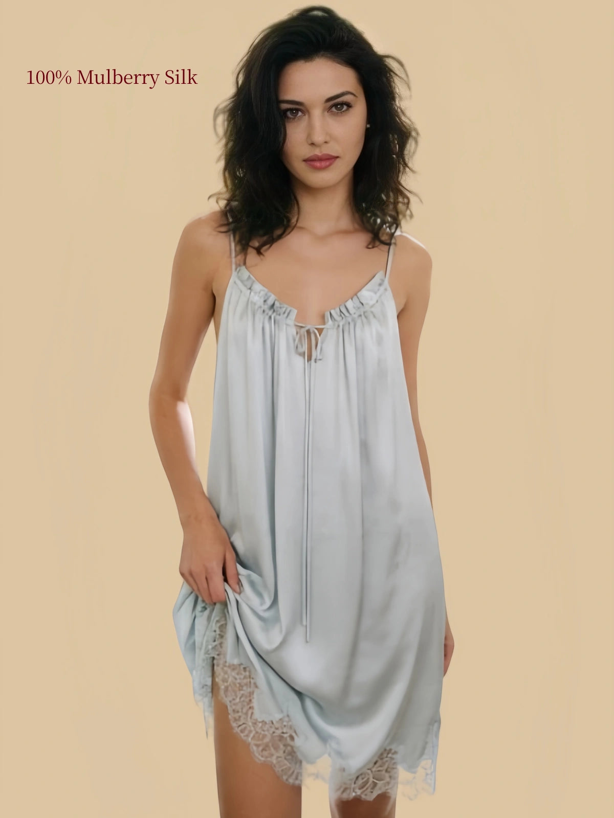 Haze Blue silk lace chemise front view