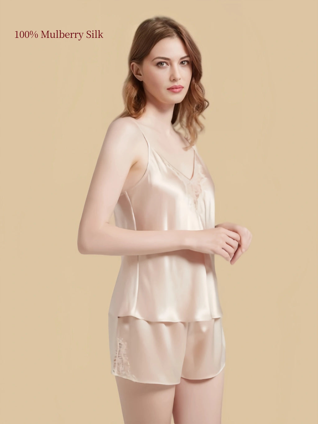 Side view of a Light Apricot 19 Momme silk cami and shorts set with lace side panels