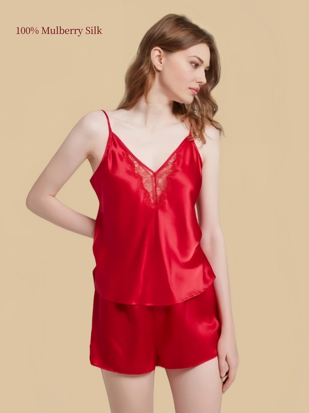 Red 19 Momme silk cami lounge set with adjustable straps and openwork lace inserts