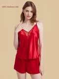 Red 19 Momme silk cami lounge set front view with a V-neck openwork lace insert
