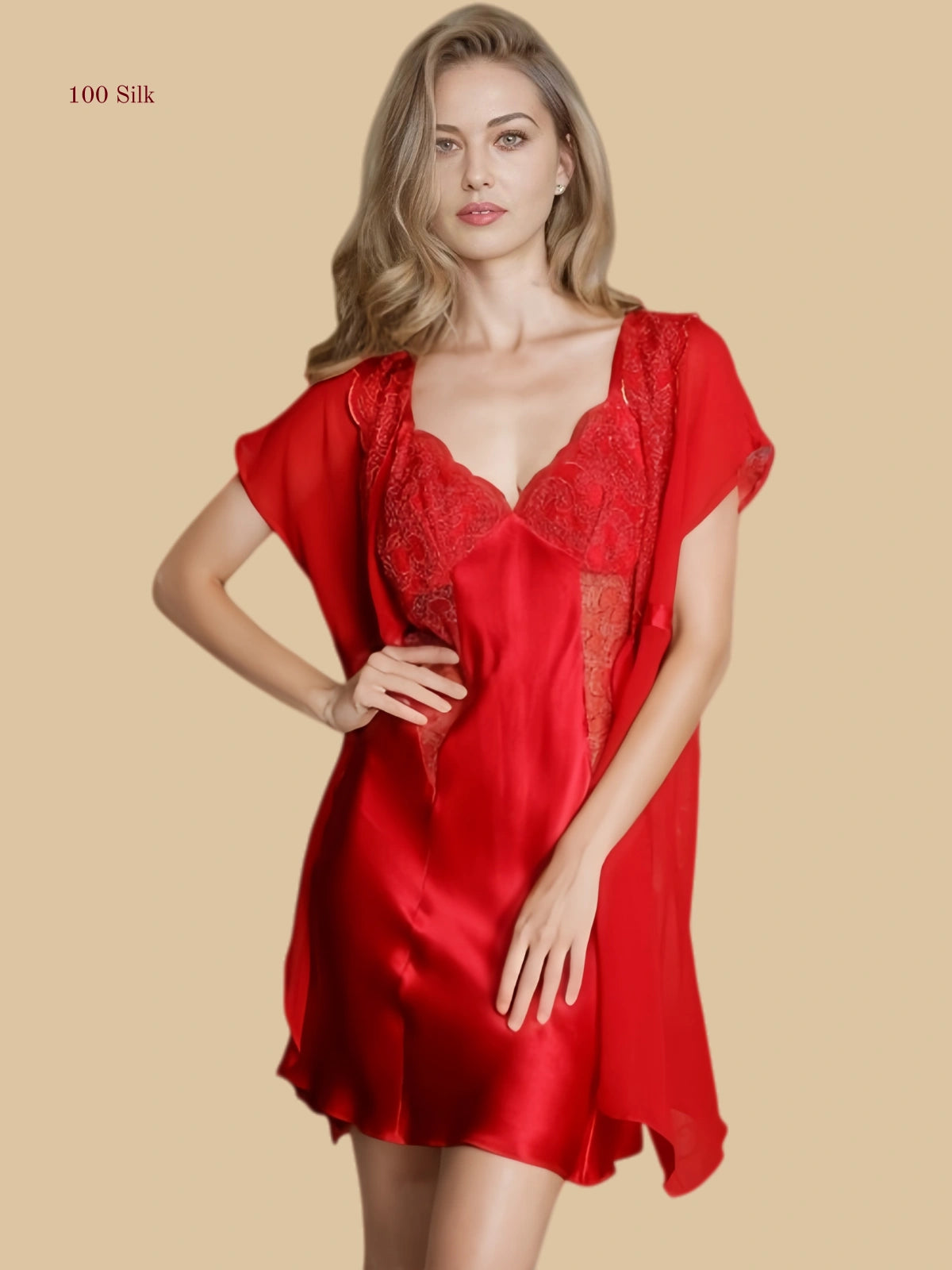 Full front view of Silkgala Red mulberry silk slip dress and matching short robe
