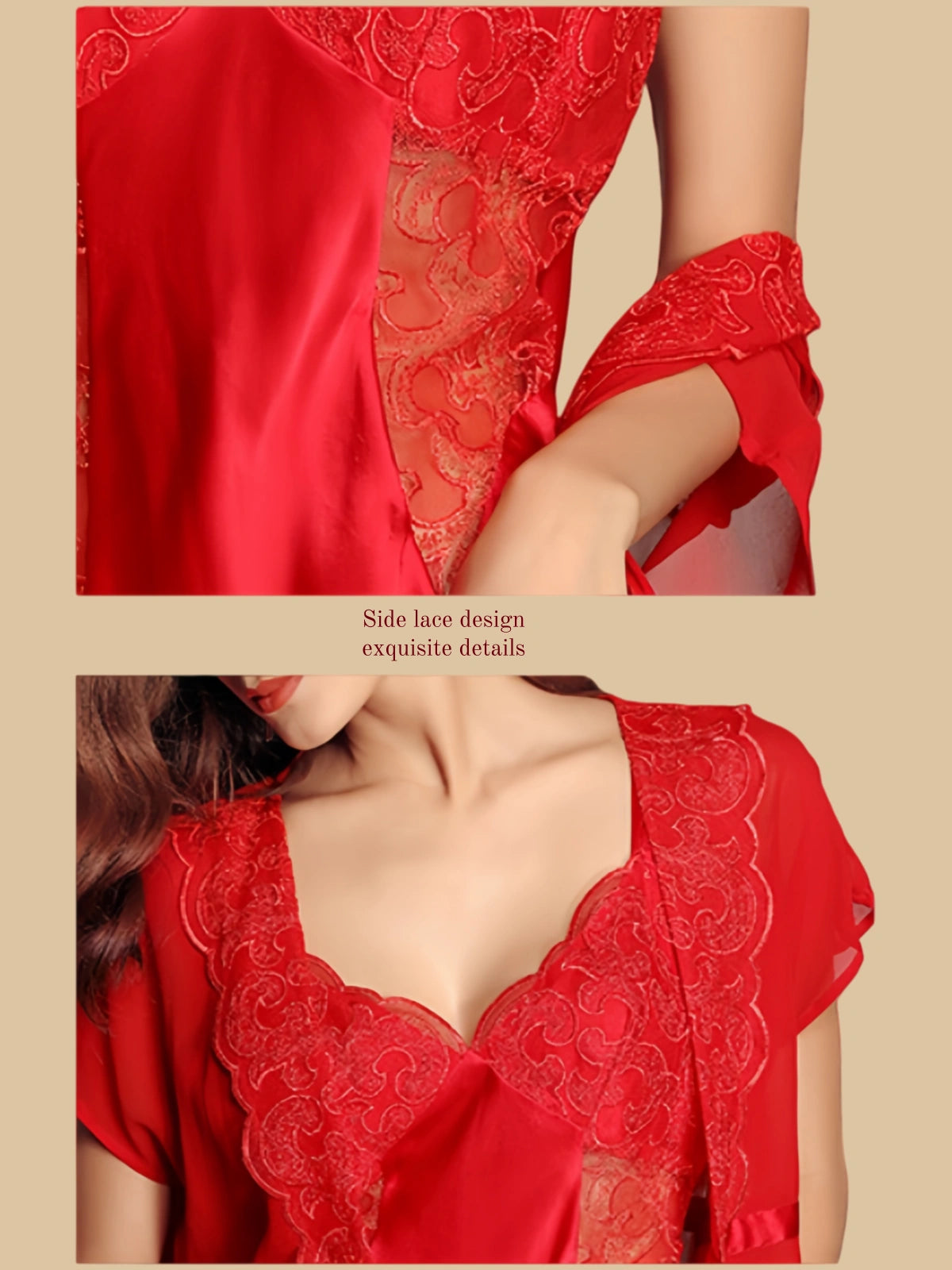 Silkgala 19 Momme Red mulberry silk slip and short robe set featuring delicate lace trim and fabric details.