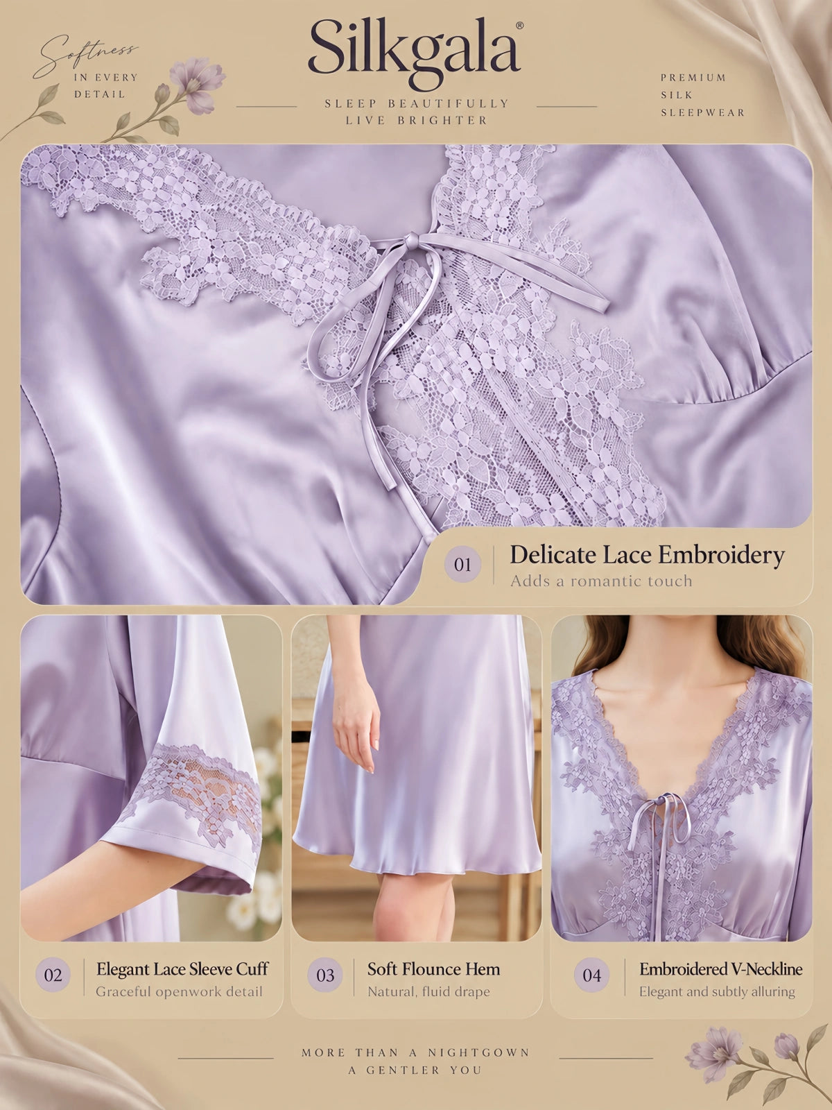 Lace neckline cuff and flounce hem details