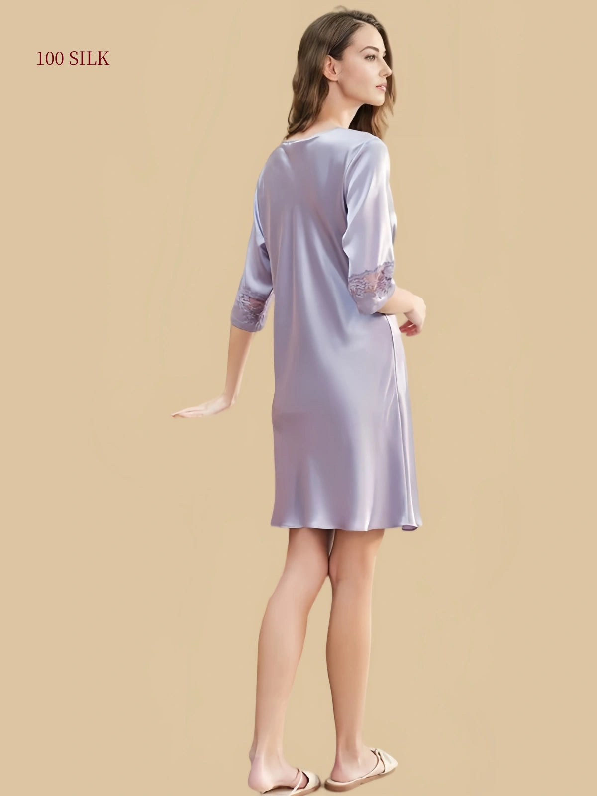 Back view of Misty Purple silk lounge dress