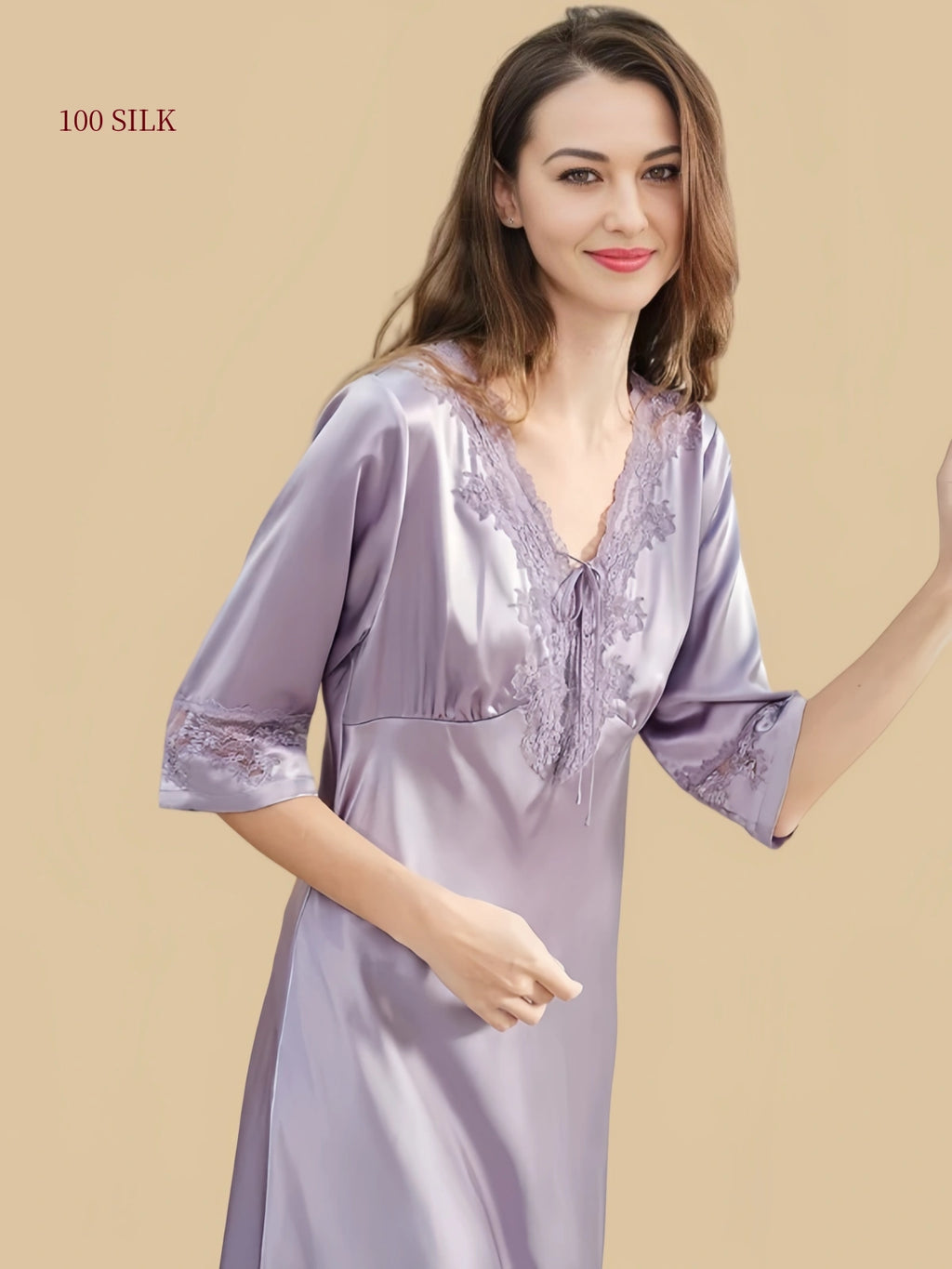 Misty Purple silk lounge dress with lace V-neck