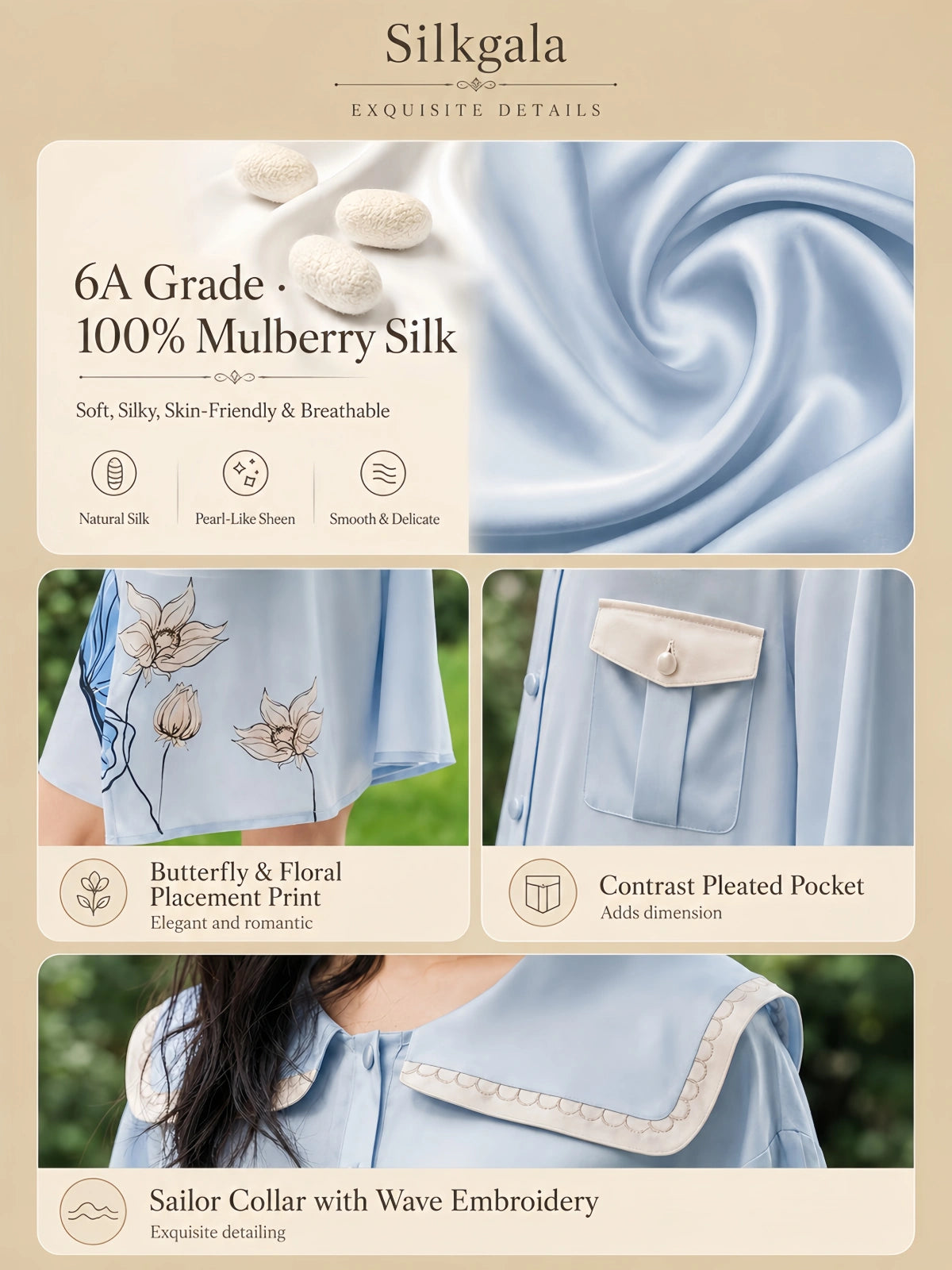 Detail collage of a Dusty Blue 19 momme silk sleep dress showing 6A mulberry silk, butterfly floral print, pleated pocket and sailor collar embroidery