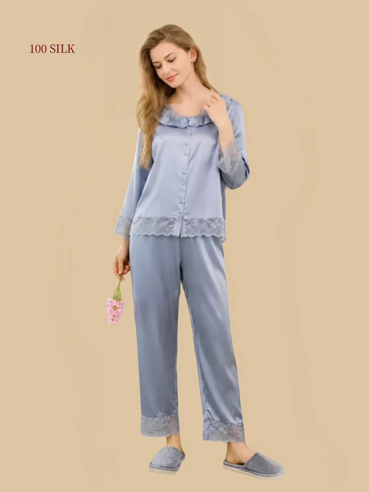 Front full-length view of Silkgala 19 Momme Silver Mist Blue silk pajamas with ruffled neckline and lace trim