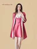 Silkgala Soft Red 19 Momme mulberry silk slip and robe set with rose embroidery, bow-front detail and contrasting pink trim.