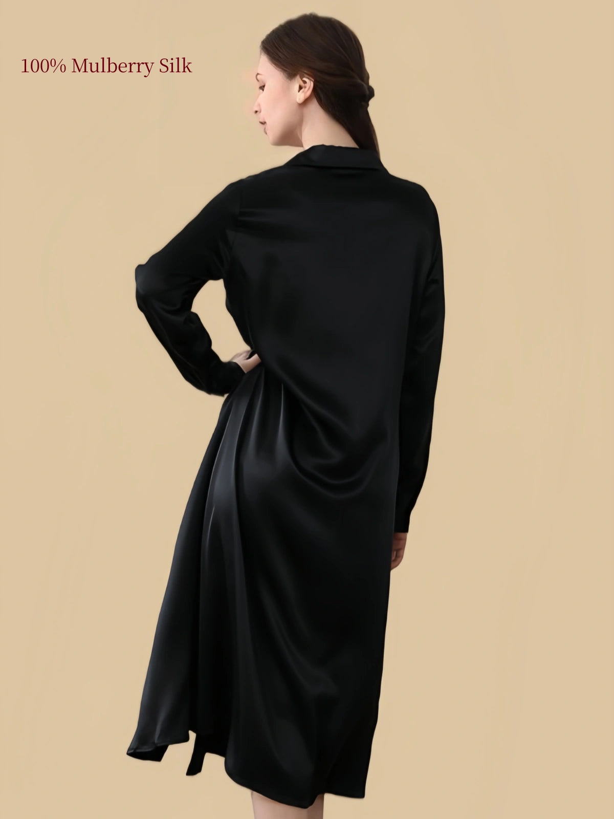 Silkgala 19 momme Black mulberry silk shirt dress back view with long sleeves and flowing midi silhouette