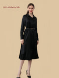 Silkgala 19 momme Black mulberry silk shirt dress front view with classic collar and belted waist