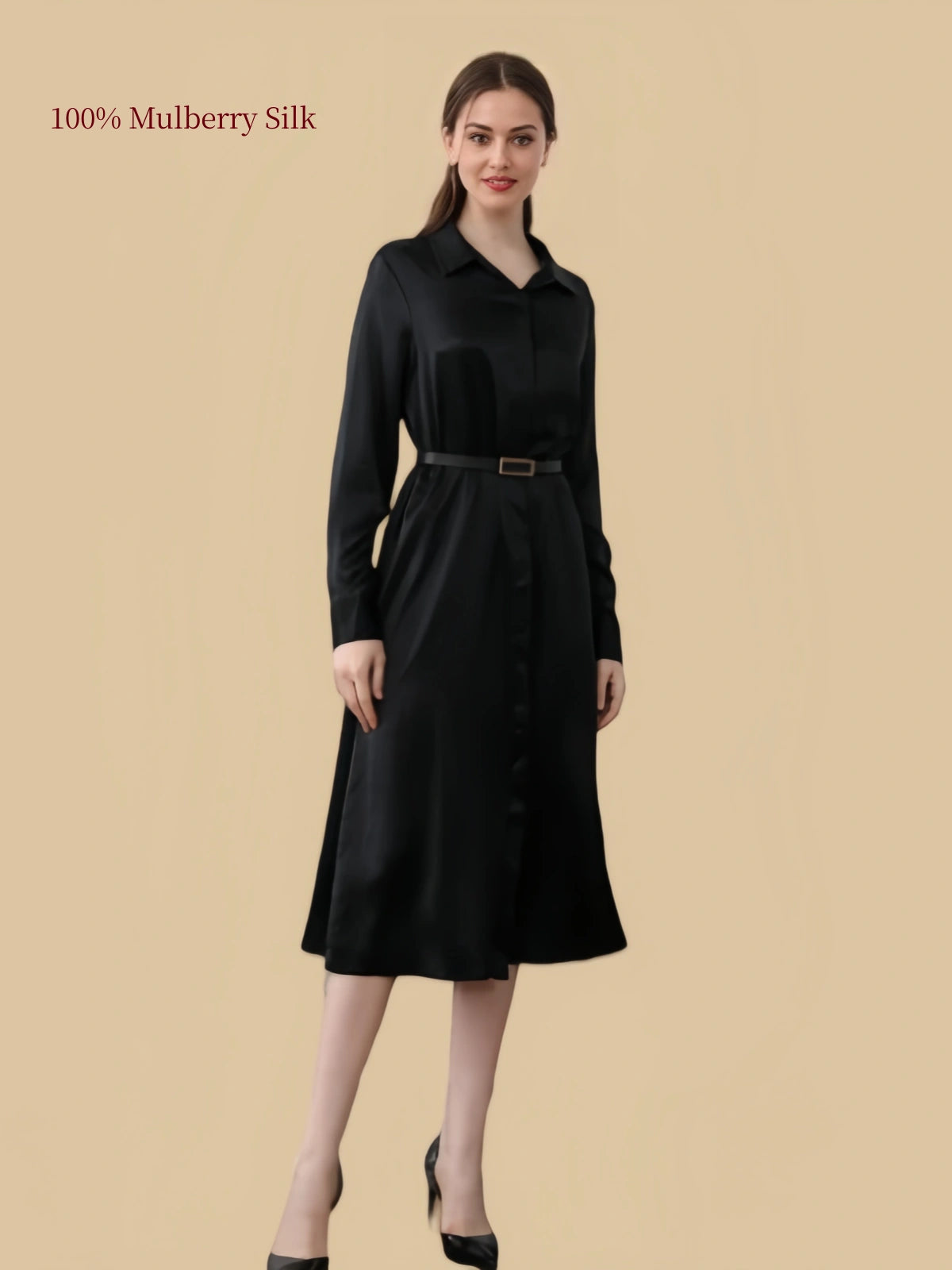 Silkgala 19 momme Black mulberry silk shirt dress front view with classic collar and belted waist