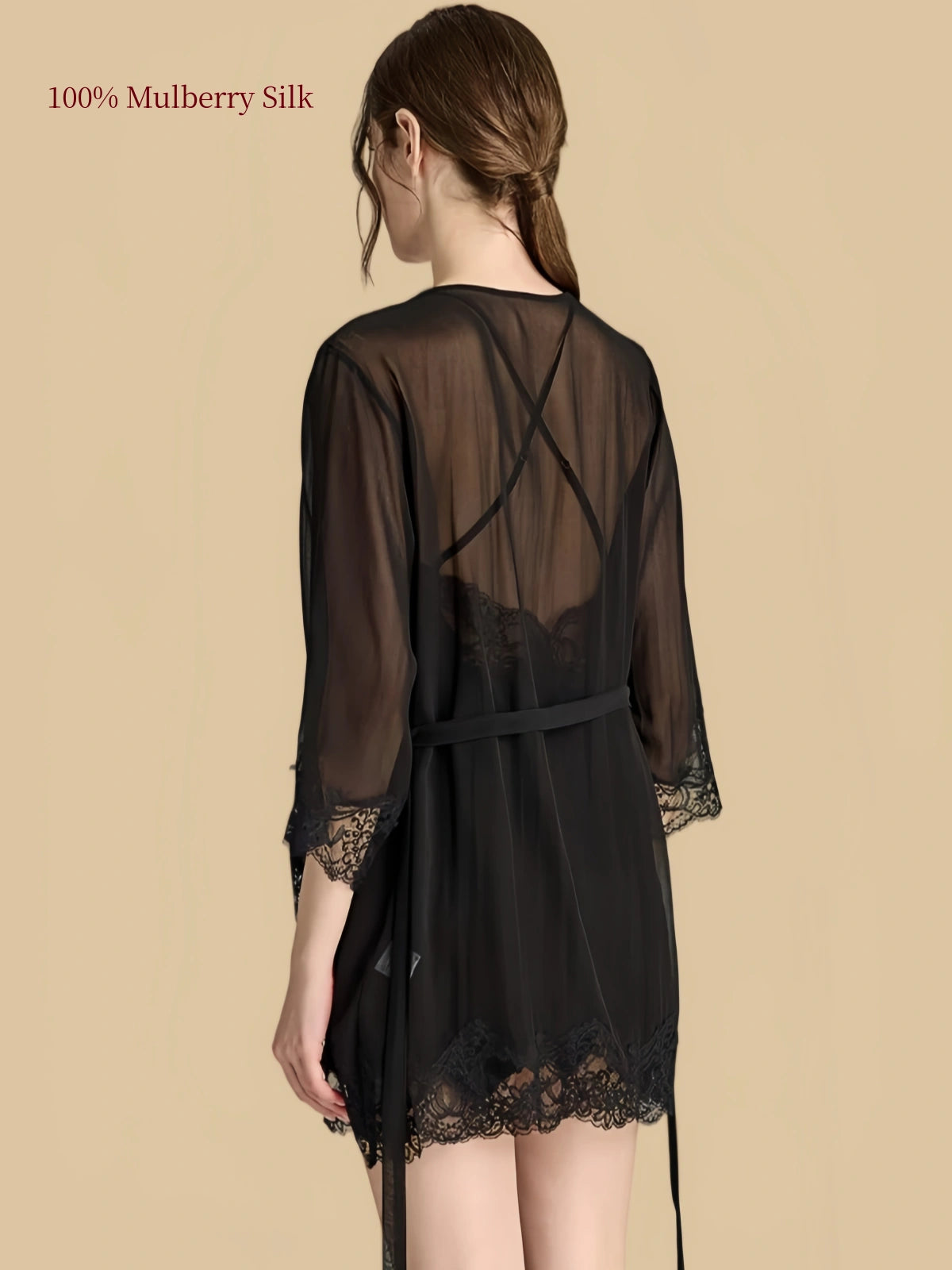 Back view of Black semi-sheer robe with waist tie, lace cuffs and floral lace hem over a crossed-strap nightdress.
