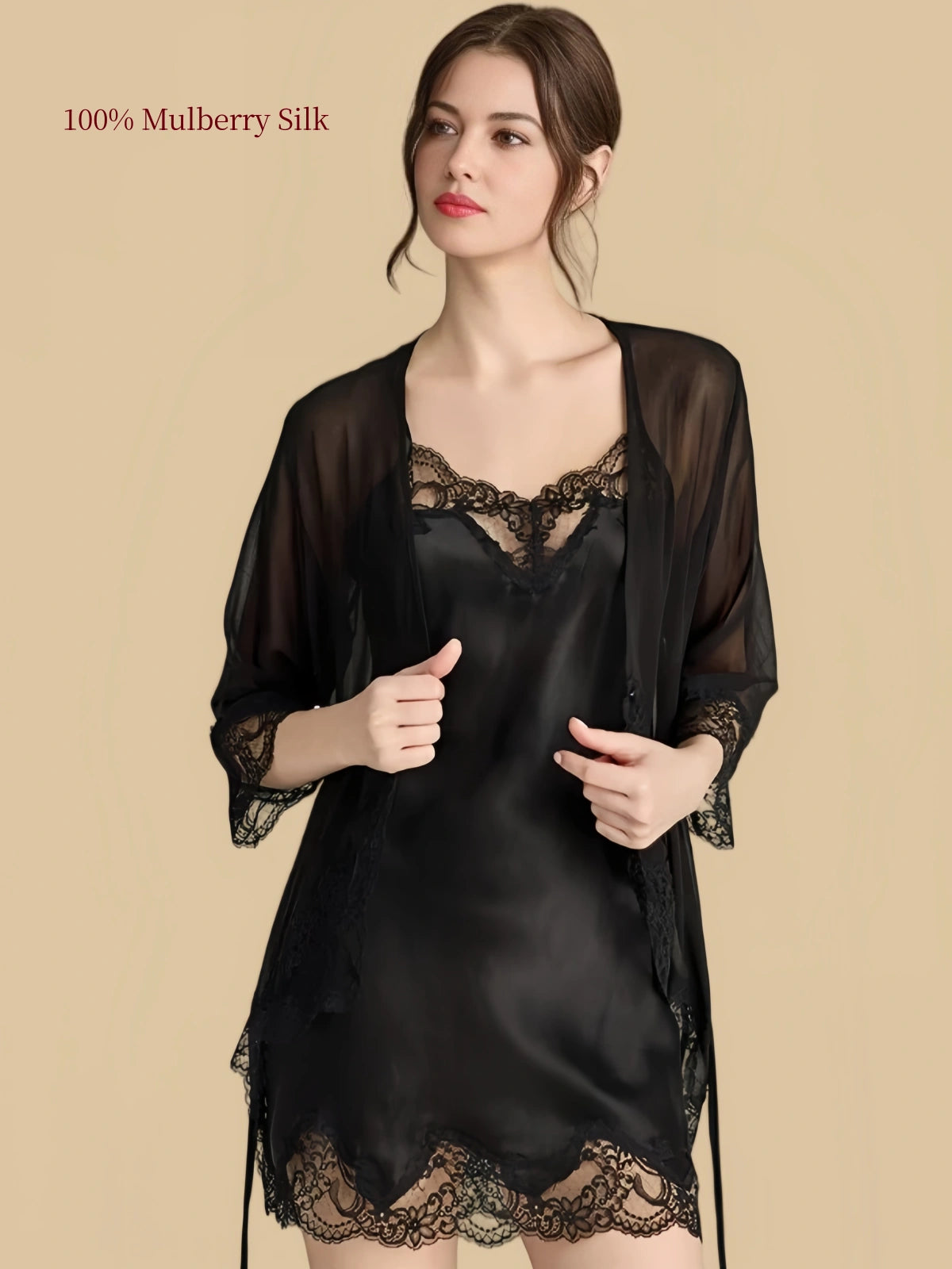 Close view of Black silk nightdress and matching semi-sheer robe showing floral lace neckline and decorative lace cuffs.