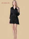 Silkgala 19 Momme black mulberry silk robe set with a wrap-front design, matching waist tie and floral lace cuffs.