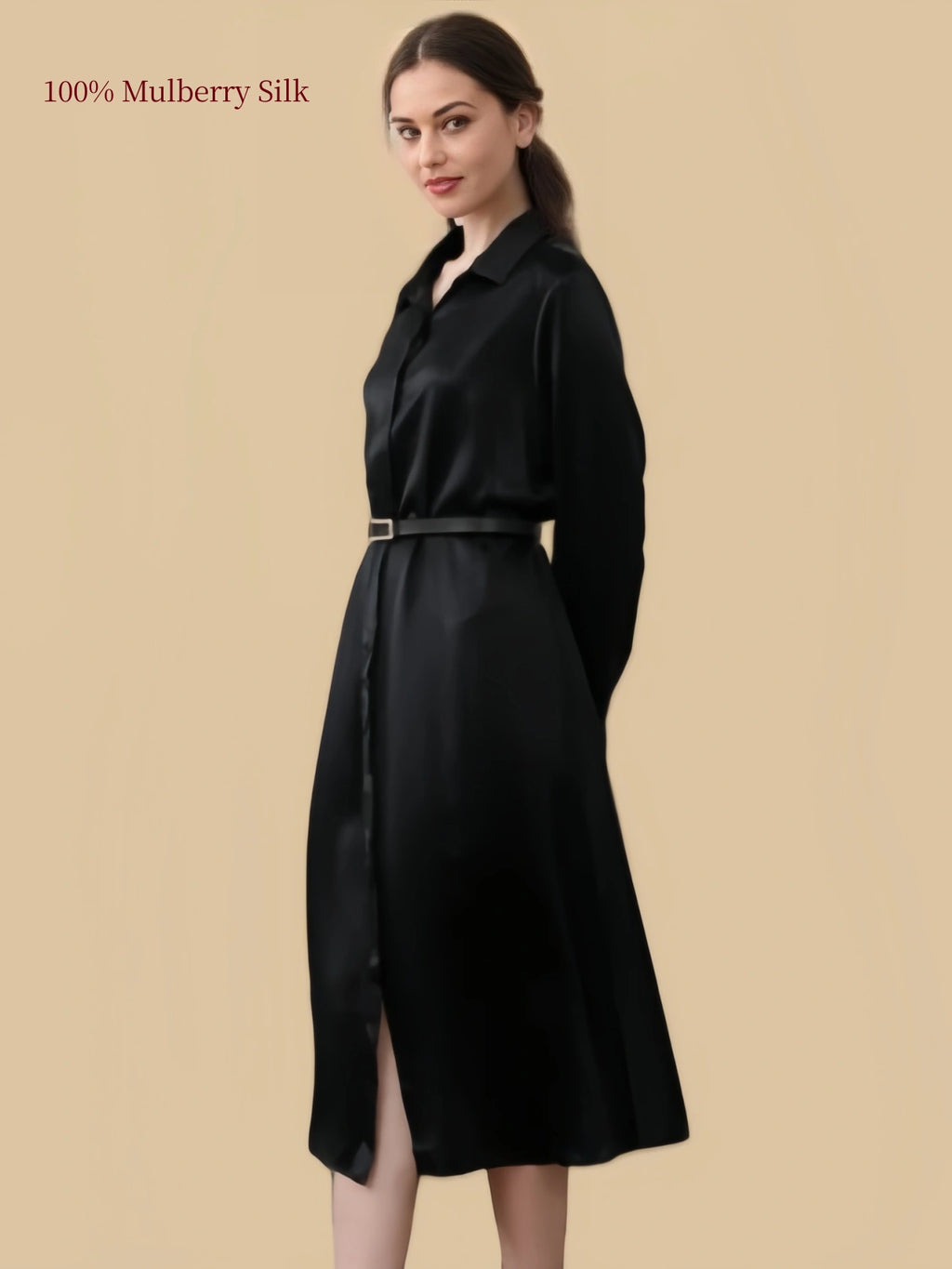 Silkgala 19 momme black silk shirt dress side view with waist belt and long sleeves