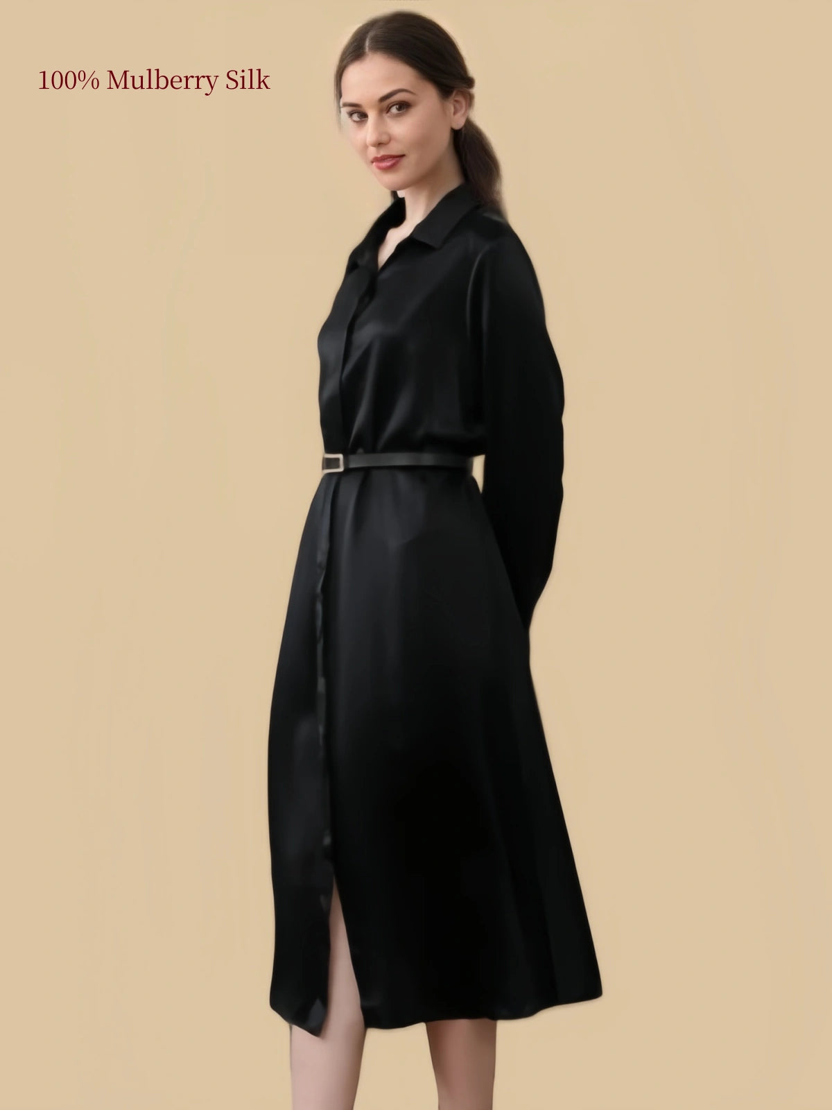Silkgala 19 momme black silk shirt dress side view with waist belt and long sleeves