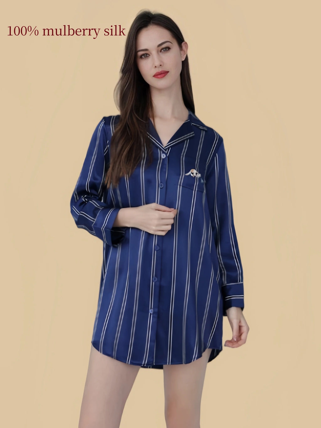 Silkgala 19mm blue and white striped silk nightshirt full view