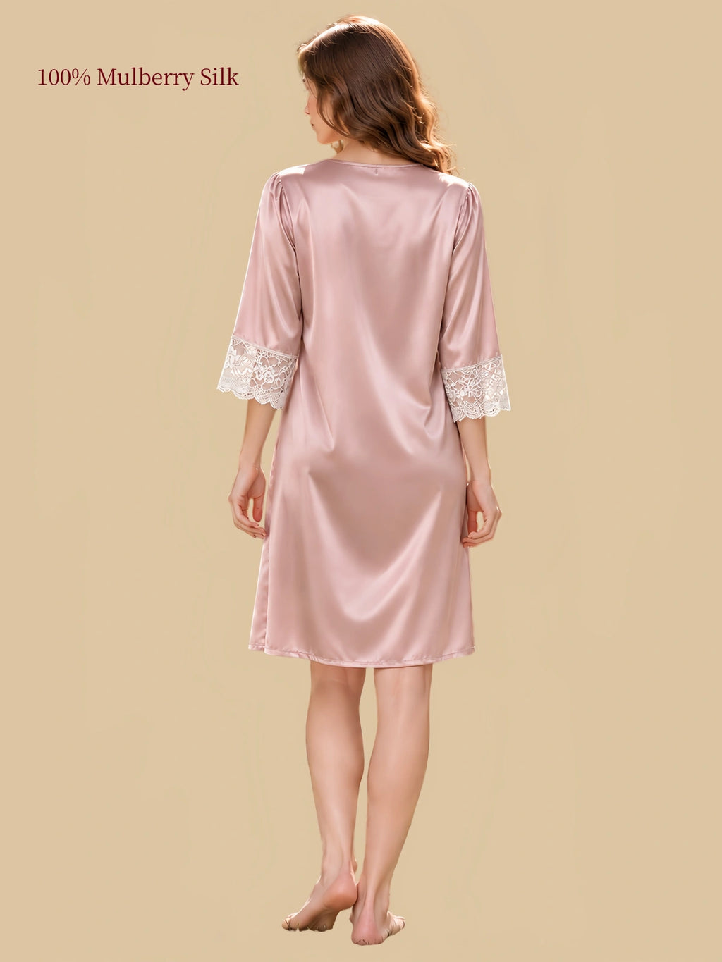 Silkgala 19 momme Cherry Blossom Pink mulberry silk dress back view with mid-length lace-trim sleeves