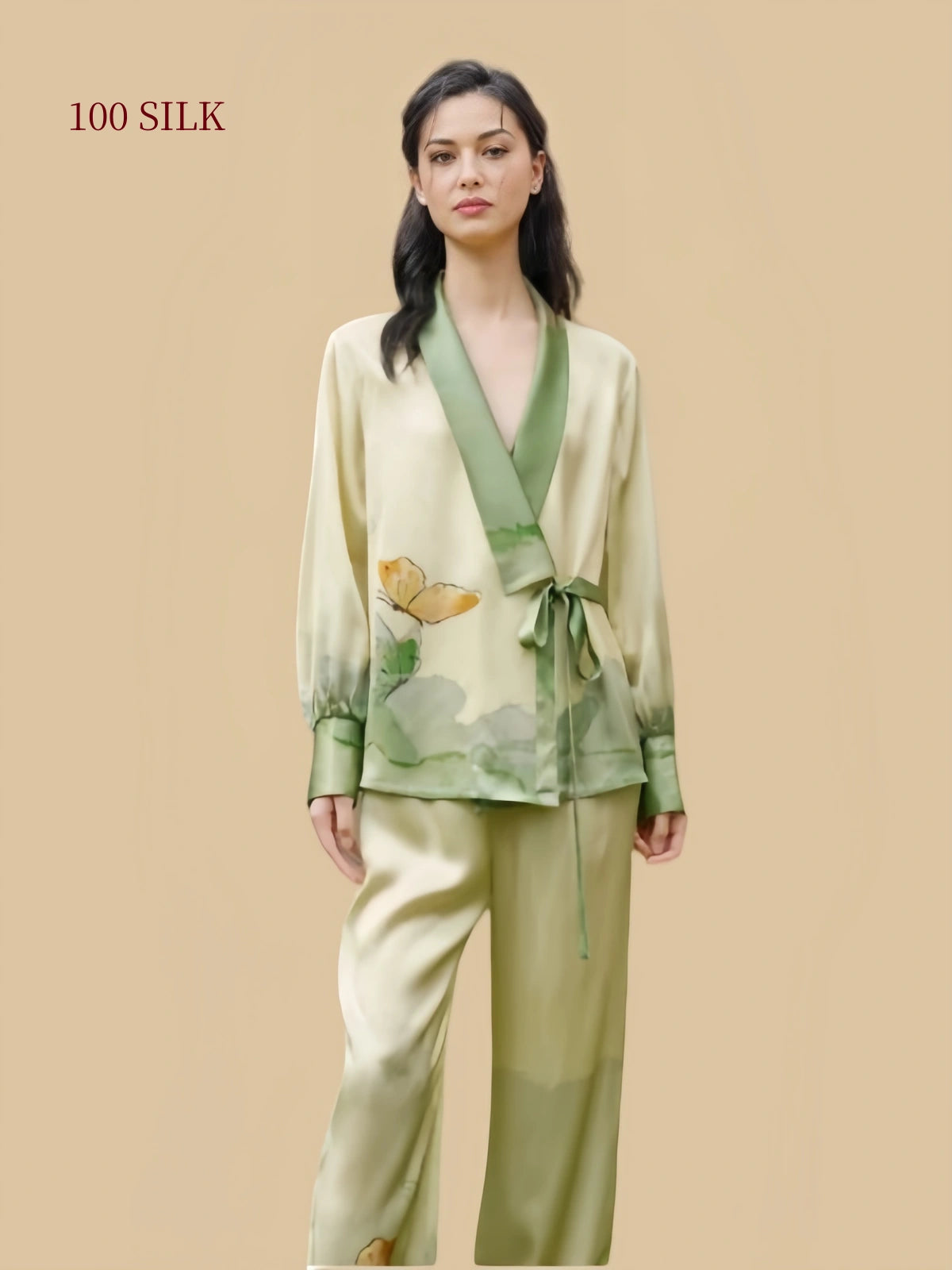 Silkgala Sage Champagne silk pajama set full view