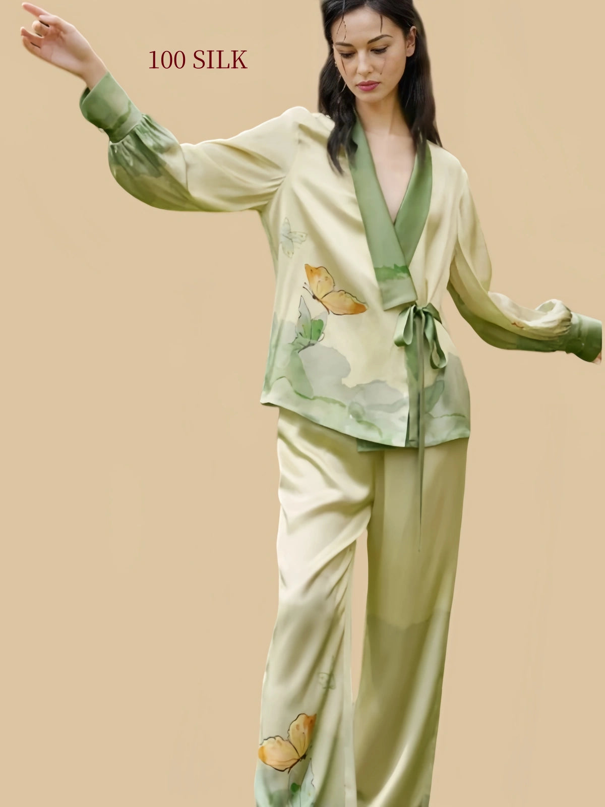 Silkgala butterfly print wrap silk pajamas in motion